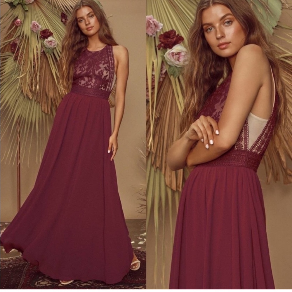New Lulu's forever and always burgundy lace maxi dress size L